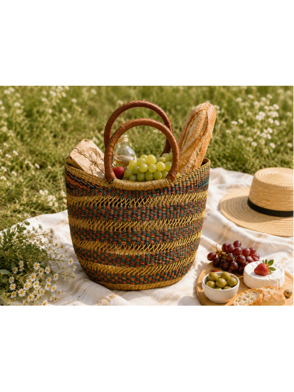 Authentic Ghana Bolga Tote Handwoven Basket with Leather Handle - Picture 3 of 8